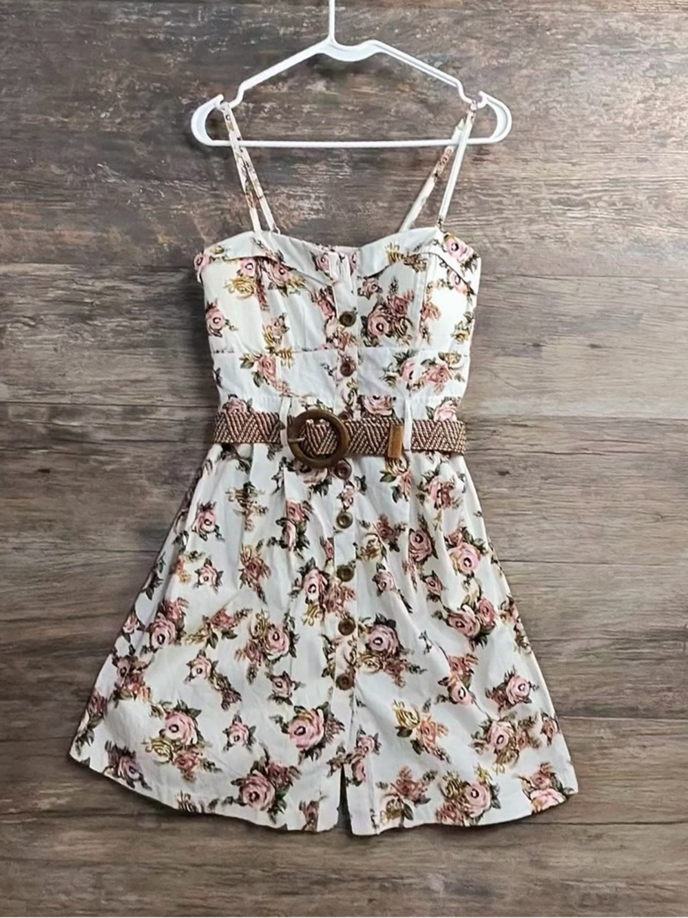 Mind Code Cream Floral Spaghetti-Strap Dress with Woven Brown Belt
